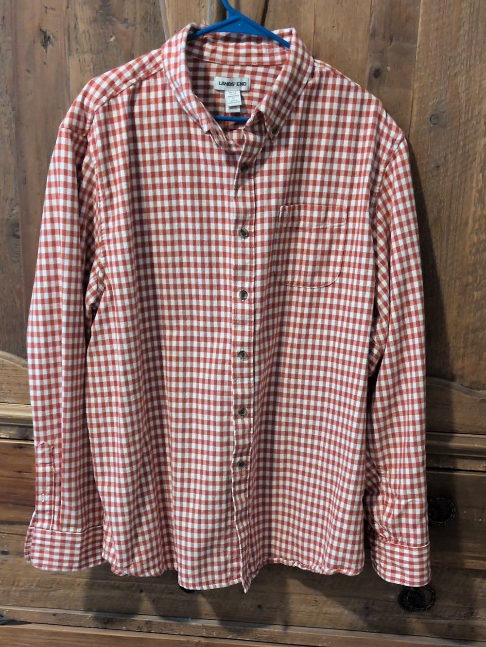 Lands' End Men's Burnt Orange and White Check Button-Down Shirt - Flannel